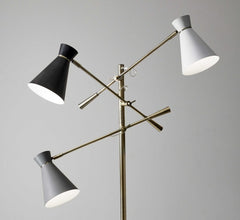 71" Brass Metal Novelty Floor Lamp featuring a sleek design with black and white iron cone shades for modern decor.