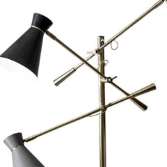 71" Brass Metal Novelty Floor Lamp featuring a black and white iron cone shade and adjustable arms for versatile lighting.