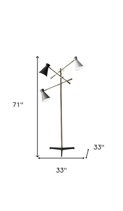 71" Brass Metal Novelty Floor Lamp featuring a black and white iron cone shade, with a stylish tripod base.