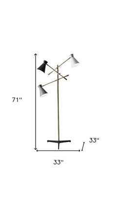 71" Brass Metal Novelty Floor Lamp With Black And White Iron Cone Shade