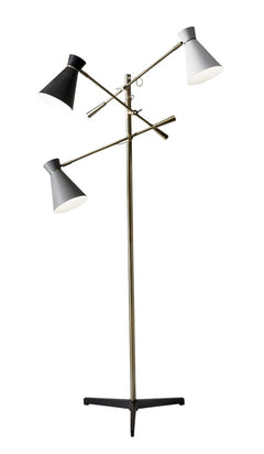 71" Brass Metal Novelty Floor Lamp featuring a black and white iron cone shade with three adjustable light fixtures.