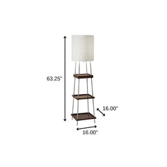 63" Brown And White Column Floor Lamp With White Fabric Drum Shade