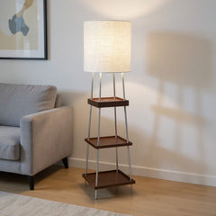 63" Brown And White Column Floor Lamp With White Fabric Drum Shade