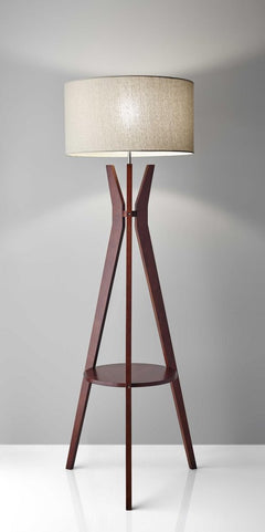 60" Brown And White Solid Wood Tripod Floor Lamp With White Fabric Drum Shade