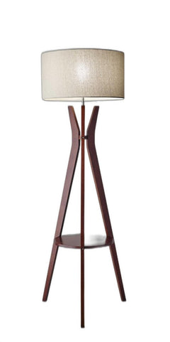 60" brown and white solid wood tripod floor lamp with a white fabric drum shade and a lower shelf for added functionality.