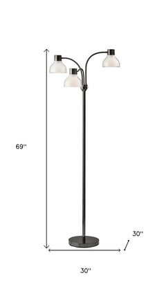 69" Silver Three Light Tree Floor Lamp with white plastic bowl shades, featuring a sleek design and adjustable arms.