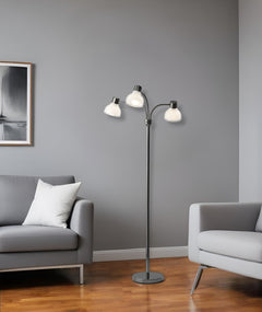 69" Silver Three Light Tree Floor Lamp With White Plastic Bowl Shade
