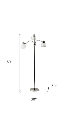 69" Silver Three Light Tree Floor Lamp with white plastic bowl shades, featuring a sleek design and a sturdy base.