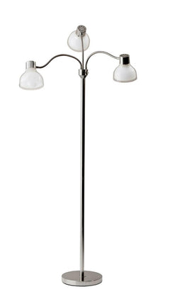 69" Silver Three Light Tree Floor Lamp with white plastic bowl shades and a sleek chrome base. Modern design for any space.