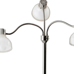 69" Silver Three Light Tree Floor Lamp with white plastic bowl shades and flexible arms for adjustable lighting.