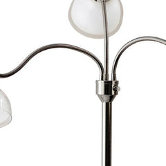 69" Silver Three Light Tree Floor Lamp features a sleek design with flexible arms and white plastic bowl shades.