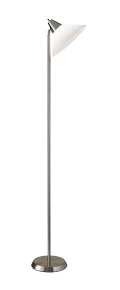 72" silver floor lamp with a white plastic shade, featuring a sleek design and a round base for stability.