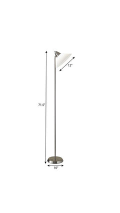 72" Silver floor lamp with a white plastic shade, featuring a sleek design and adjustable height. Dimensions: 71.5" tall, 10"