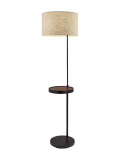 64" beige and black tray table floor lamp with a beige fabric drum shade and a circular wooden tray for convenience.