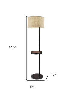 64" Beige And Black Tray Table Floor Lamp With Beige Fabric Drum Shade