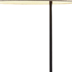 64" beige and black tray table floor lamp featuring a beige fabric drum shade and a sleek black pole.
