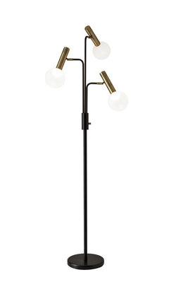 70" Black and bronze three-light LED tree floor lamp with white globes and a sleek design, perfect for modern decor.