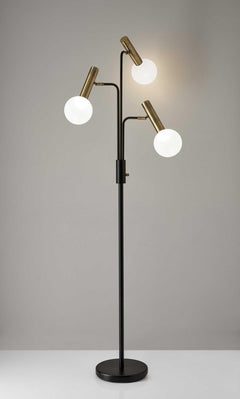 70" black and bronze three-light LED tree floor lamp featuring white globe shades for a modern lighting design.