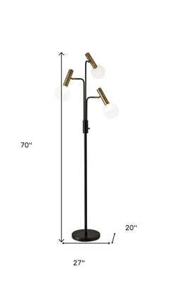 70" Black and Bronze Three Light LED Tree Floor Lamp with White globes, featuring a sleek design and adjustable arms.