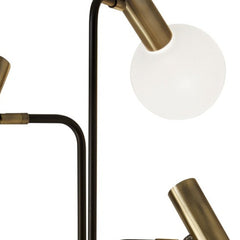 70" Black and Bronze Three Light LED Tree Floor Lamp featuring white globe shades and sleek modern design.