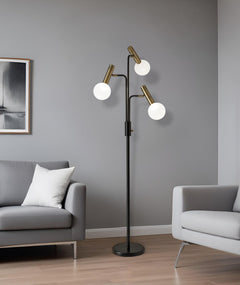 70" Black And Bronze Three Light LED Tree Floor Lamp With White
