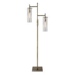 Brass metal floor lamp with two clear glass drum shades, featuring a sleek design and a square base.