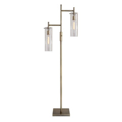 Brass Metal Two Light Novelty Floor Lamp with Clear Glass Drum Shade featuring a sleek design and two glass shades.