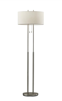 62" Silver Metal Task Floor Lamp with a white fabric drum shade, featuring a sleek design and dual pull chains for easy opera