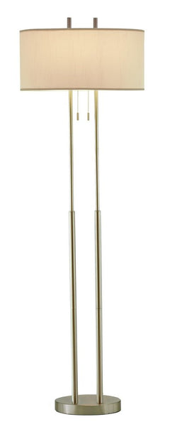 62" Silver Metal Task Floor Lamp featuring a white fabric drum shade and dual pull chains for easy operation.