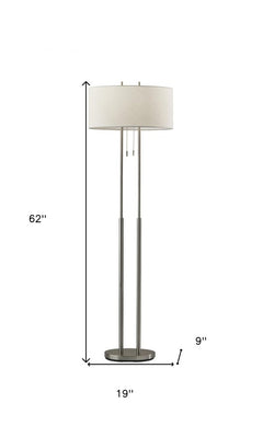 62" silver metal task floor lamp with a white fabric drum shade, featuring a sleek design and two pull chains.