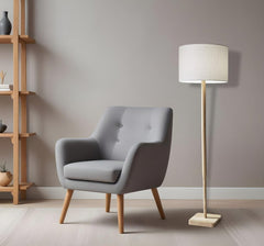 59" Natural Solid Wood Floor Lamp With White Linen Drum Shade
