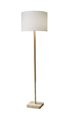 59" Natural Solid Wood Floor Lamp with a white linen drum shade, featuring a sleek design and a sturdy wooden base.