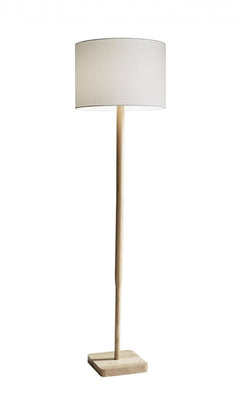 59" Natural Solid Wood Floor Lamp with a white linen drum shade, featuring a minimalist design and a square wooden base.