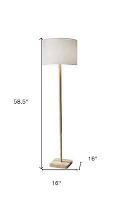 59" Natural Solid Wood Floor Lamp with a white linen drum shade, featuring a simple design and a square wooden base.