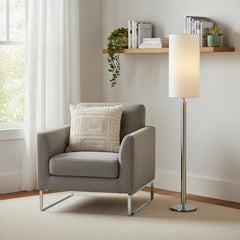 58" Silver Floor Lamp With White Fabric Drum Shade