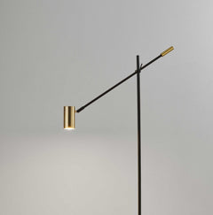 63" Black And Gold Adjustable LED Task Floor Lamp With Antiqued Brass Metal Cylinder Shade