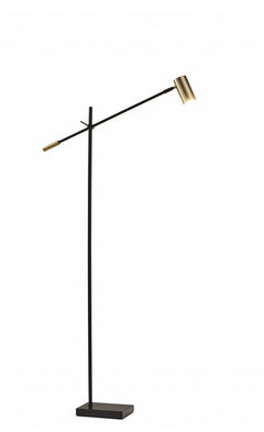 63" Black And Gold Adjustable LED Task Floor Lamp With Antiqued Brass Metal Cylinder Shade