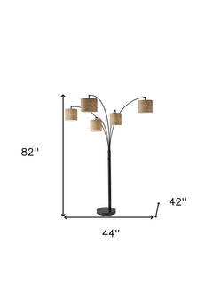 82" Bronze Five Light Tree Floor Lamp With Beige Fabric Drum Shade