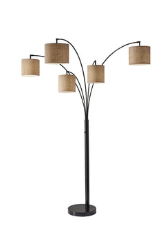 82" Bronze Five Light Tree Floor Lamp With Beige Fabric Drum Shade