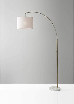 74" Brass Metal Arc Floor Lamp with Off White Linen Drum Shade, featuring a sleek design and a marble base.