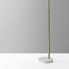 74" Brass Metal Arc Floor Lamp with Off White Linen Drum Shade, featuring a sleek brass finish and a marble base.