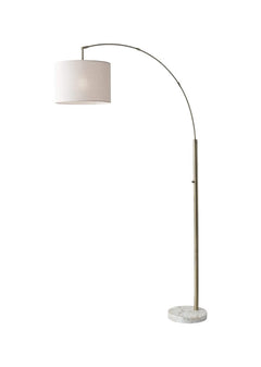 74" Brass Metal Arc Floor Lamp with Off White Linen Drum Shade, featuring a sleek design and marble base.
