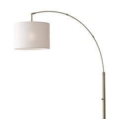 74" Brass Metal Arc Floor Lamp with Off White Linen Drum Shade featuring a sleek, curved design and elegant shade.