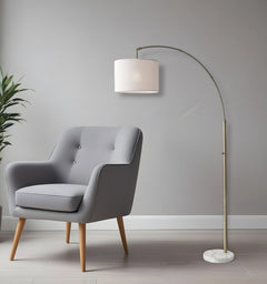 74" Brass Metal Arc Floor Lamp With Off White Linen Drum Shade