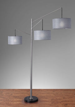 91" Silver Three Light Tree Floor Lamp with Gray Linen Drum Shade featuring a sleek design and a sturdy black base.