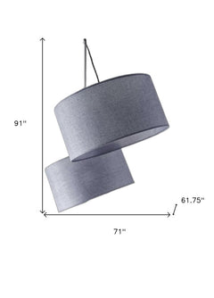 Silver three-light tree floor lamp with gray linen drum shades, measuring 91 inches tall and 71 inches wide.