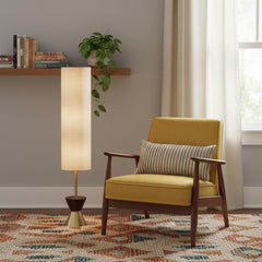 59" Brass Column With Beige Fabric Shade