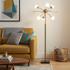 64" Brass Six Light LED Novelty Floor Lamp With White Glass Globe Shades