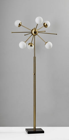64" Brass Six Light LED Novelty Floor Lamp With White Glass Globe Shades