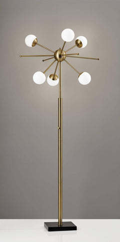 64" Brass Six Light LED Novelty Floor Lamp with white glass globe shades, featuring a modern design and a sleek black base.